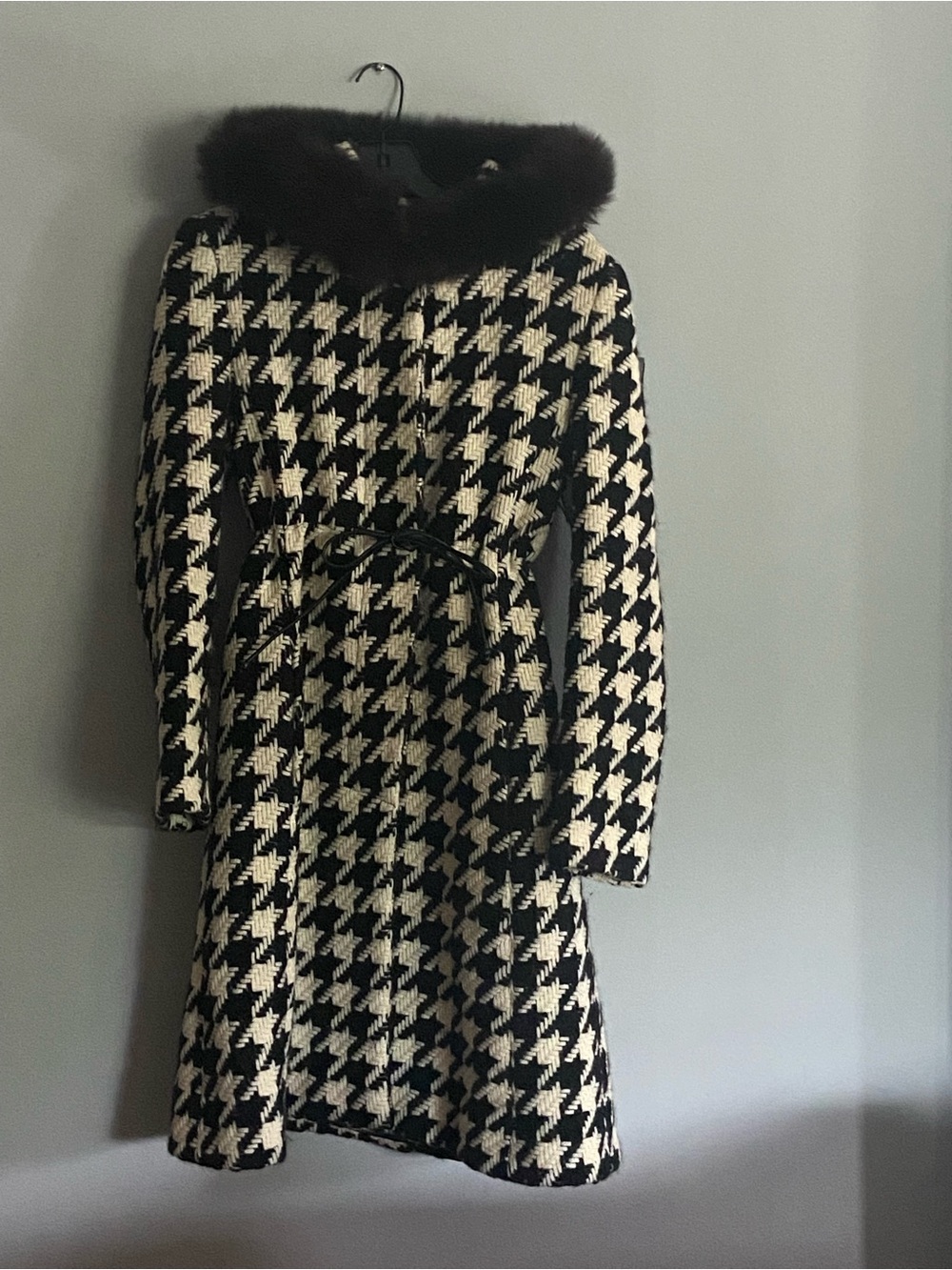 Vintage Searle Italian-Woven Wool Houndstooth Coat with Fox-Trimmed Hood